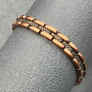 Copper Link Bracelet Shiny Diamond Grid Textured Center Snap Closure Retro BoHo